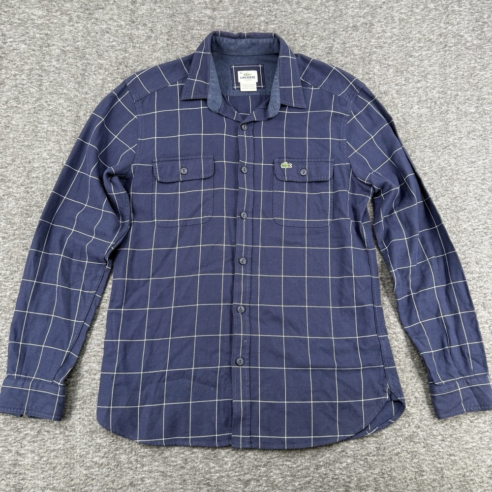 Lacoste Slim Fit Flannel Shirt Mens Size 40 Medium Navy Windowpane Check Pocket
